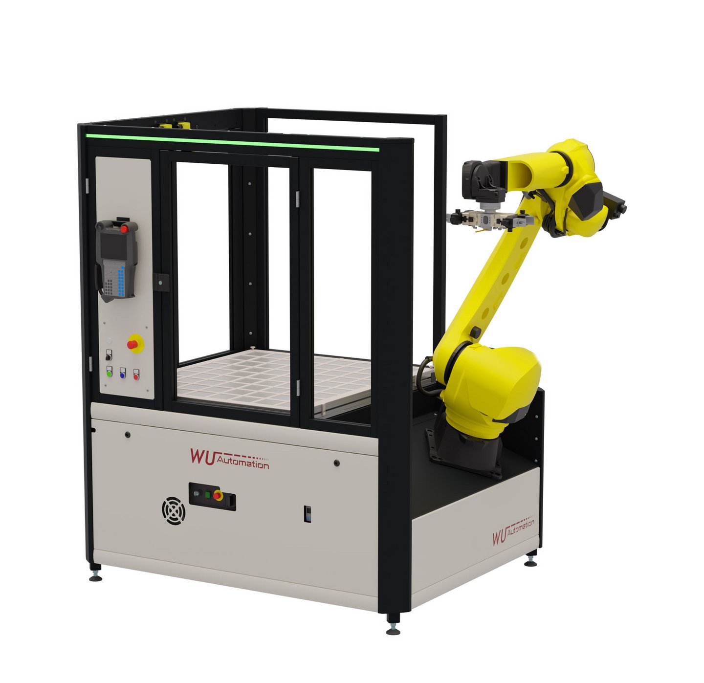 RZ-Reihe - Automatisierungstechnik Gelber Industrieroboterarm der RZ-Reihe - an schwarzem und weißem Gehäuse mit Glasfenstern, beschriftet mit 'WU Automation'.