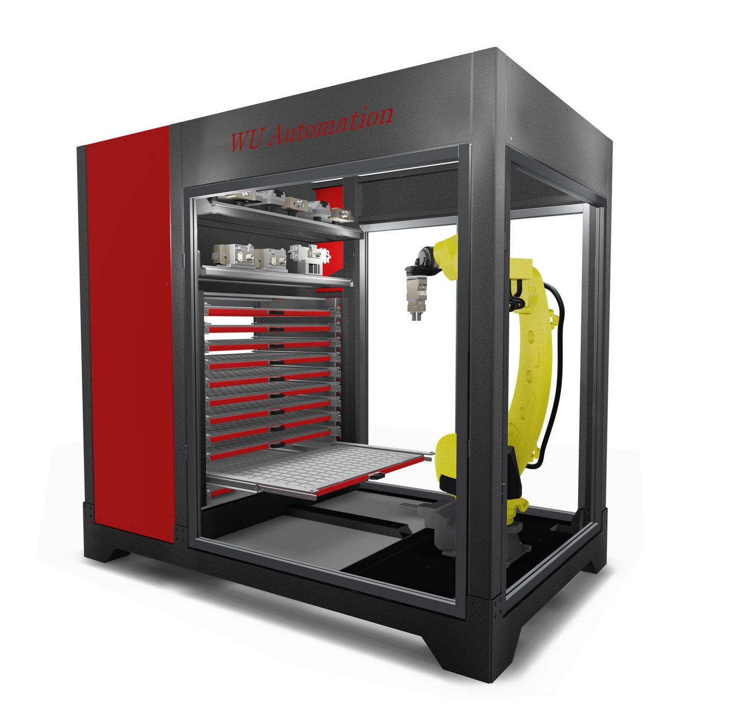 RZM Reihe - Roboterzelle Metallische Werkstätte WU Automation: RZM -Reihe - Roboterarm in schwarzem und rotem Gehäuse mit mehreren horizontalen Ablagen.