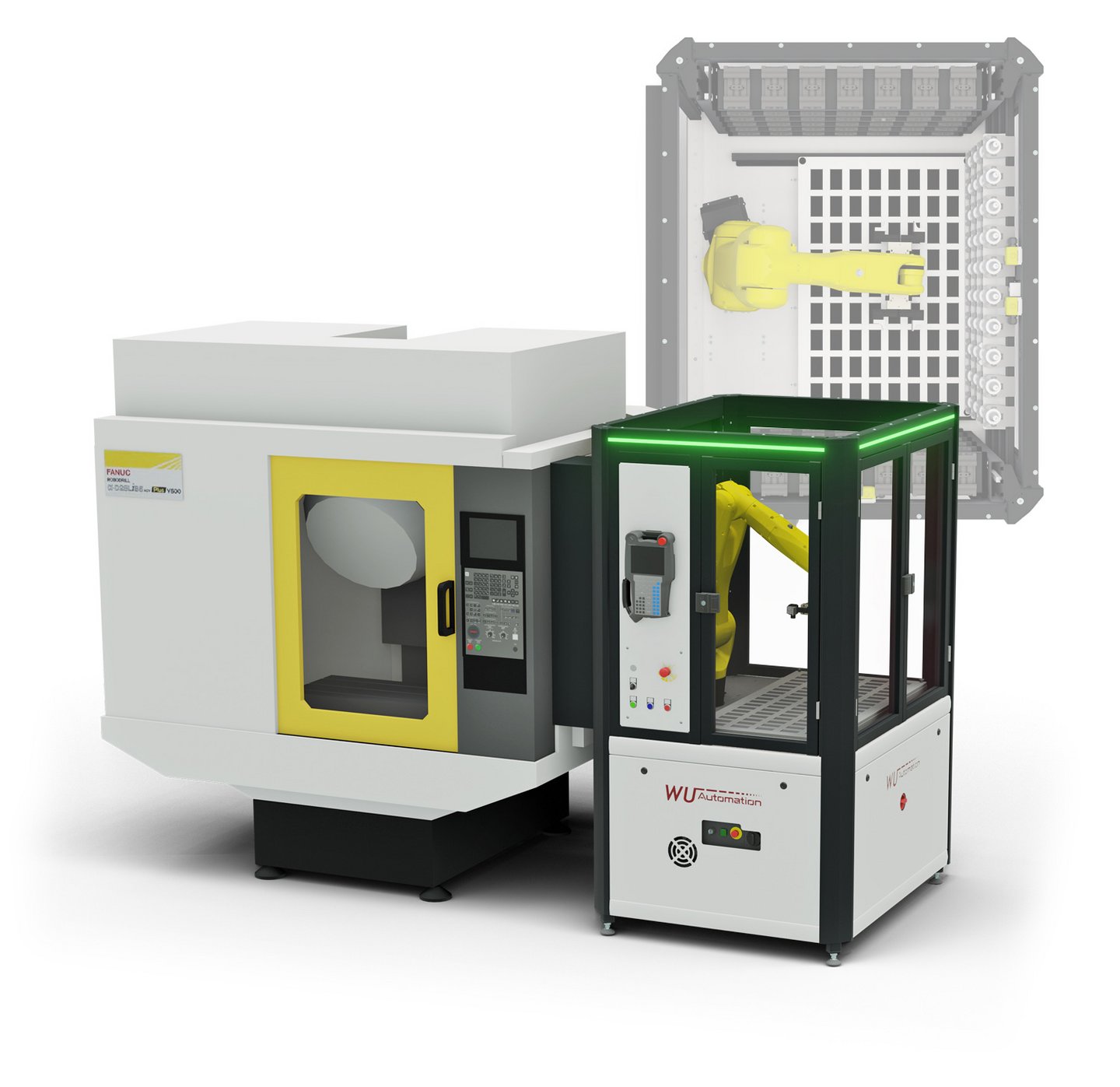 Roboterarm in gelber Farbe in einer weißen, quadratischen Maschine mit gelber Tür und angrenzender Schutzkabine mit grüner LED-Beleuchtung, beschriftet mit 'WU Automation'.