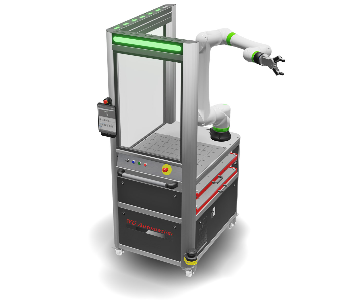 RZC-Reihe - Automatisierung Mobiler Roboterarm der RZC-Reihe, mit Greifer an einem fahrbaren Gestell mit Steuerungstafel, beleuchtet mit grünem Licht, beschriftet mit 'WU Automation'.